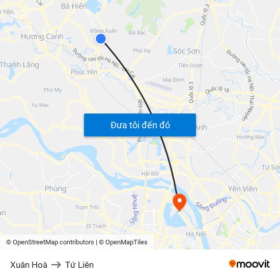 Xuân Hoà to Tứ Liên map