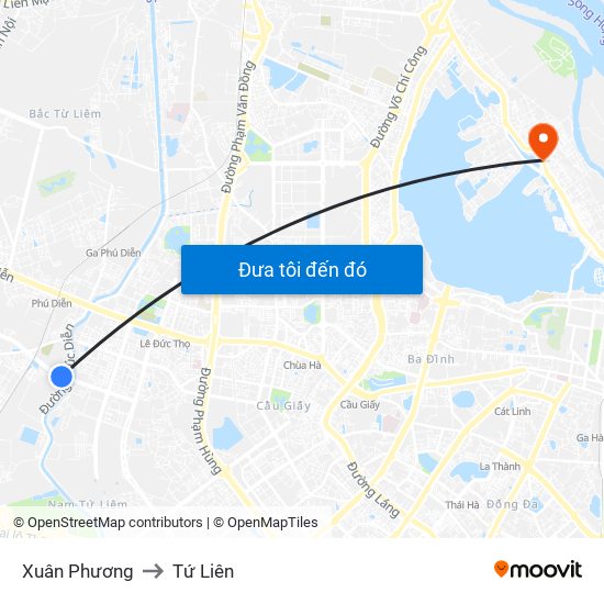 Xuân Phương to Tứ Liên map