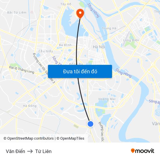 Văn Điển to Tứ Liên map