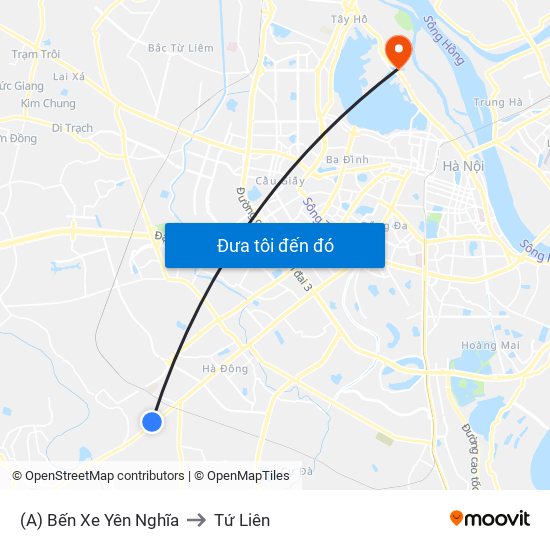 (A) Bến Xe Yên Nghĩa to Tứ Liên map