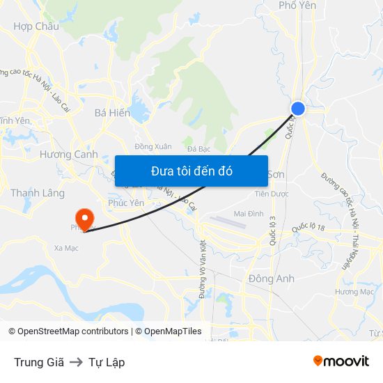 Trung Giã to Tự Lập map