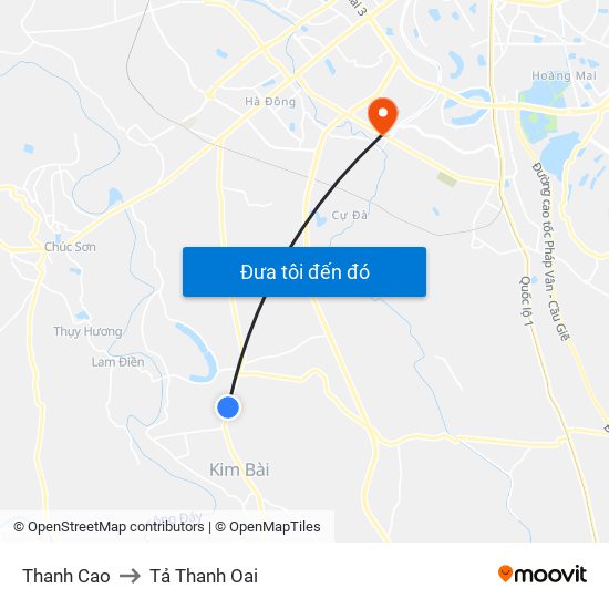 Thanh Cao to Tả Thanh Oai map