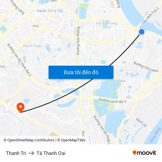 Thanh Trì to Tả Thanh Oai map