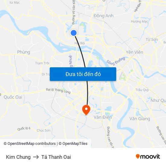 Kim Chung to Tả Thanh Oai map
