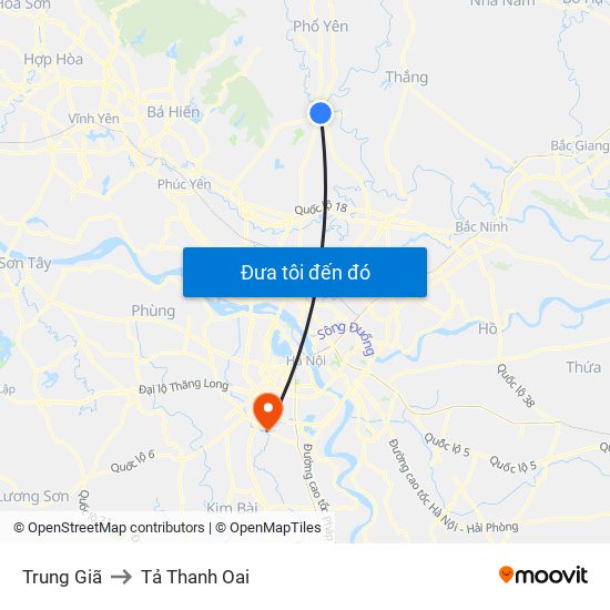 Trung Giã to Tả Thanh Oai map