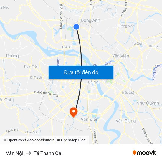 Vân Nội to Tả Thanh Oai map