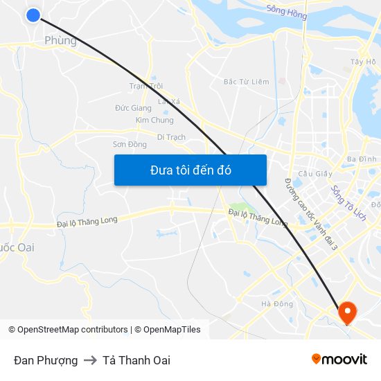Đan Phượng to Tả Thanh Oai map