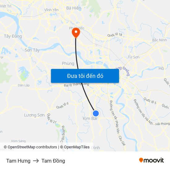 Tam Hưng to Tam Đồng map