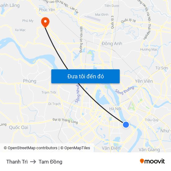 Thanh Trì to Tam Đồng map