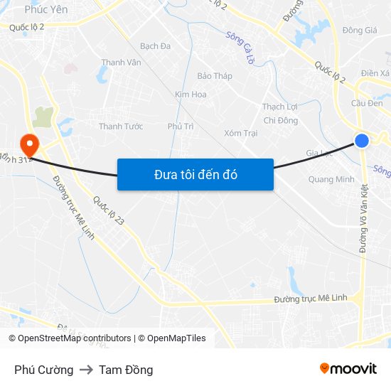 Phú Cường to Tam Đồng map