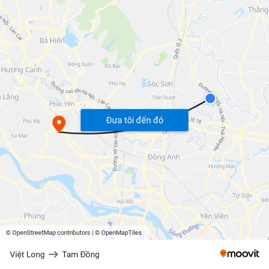 Việt Long to Tam Đồng map