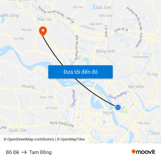 Bồ Đề to Tam Đồng map