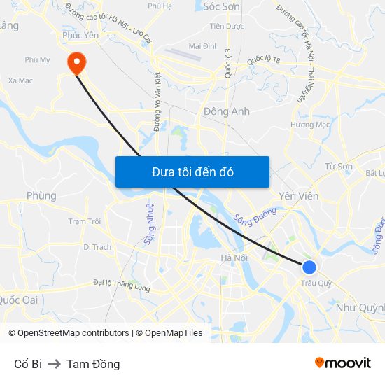 Cổ Bi to Tam Đồng map