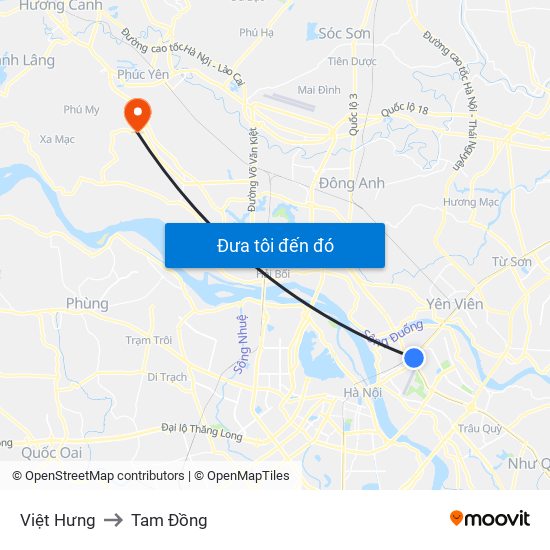 Việt Hưng to Tam Đồng map