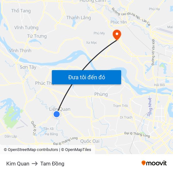 Kim Quan to Tam Đồng map