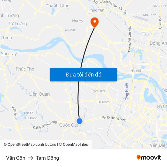 Vân Côn to Tam Đồng map