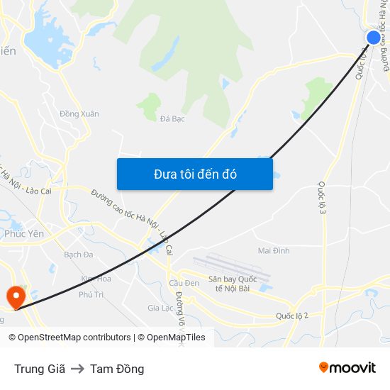 Trung Giã to Tam Đồng map