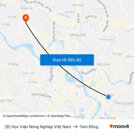(B) Học Viện Nông Nghiệp Việt Nam to Tam Đồng map