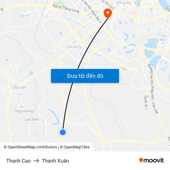 Thanh Cao to Thanh Xuân map