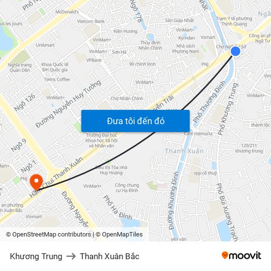 Khương Trung to Thanh Xuân Bắc map