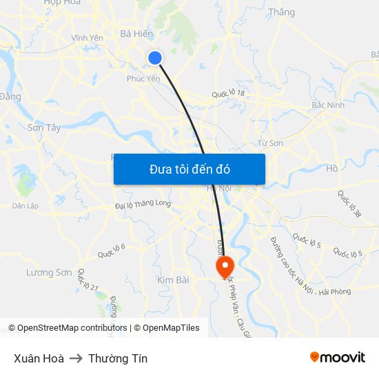 Xuân Hoà to Thường Tín map