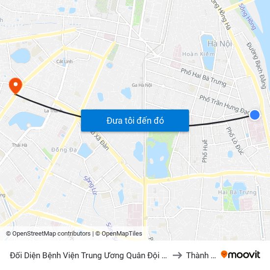 Đối Diện Bệnh Viện Trung Ương Quân Đội 108 - Trần Hưng Đạo to Thành Công map