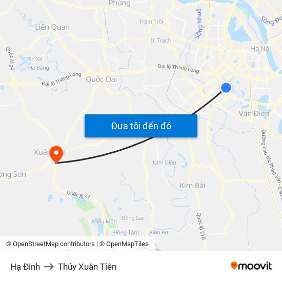 Hạ Đình to Thủy Xuân Tiên map