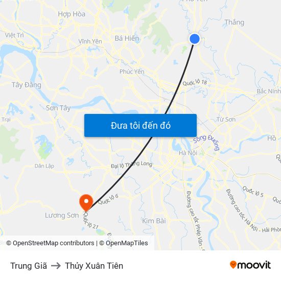 Trung Giã to Thủy Xuân Tiên map