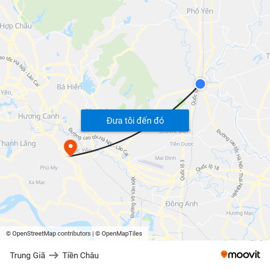 Trung Giã to Tiền Châu map