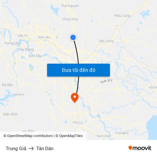 Trung Giã to Tân Dân map