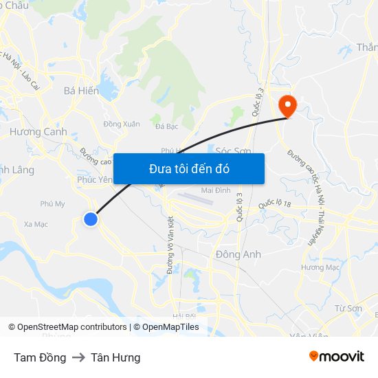 Tam Đồng to Tân Hưng map