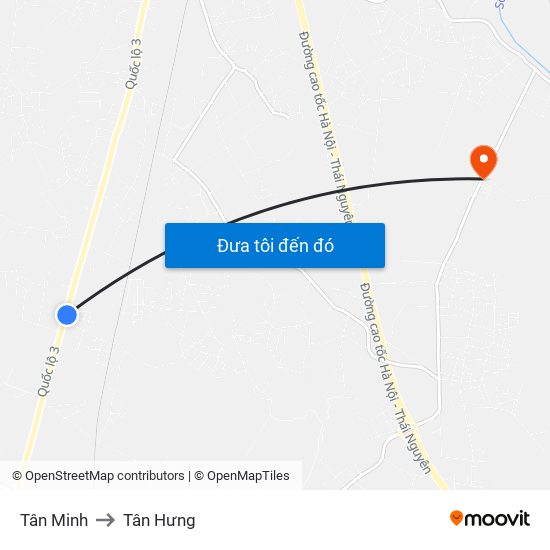 Tân Minh to Tân Hưng map