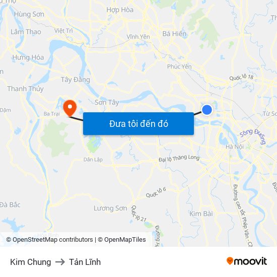 Kim Chung to Tản Lĩnh map