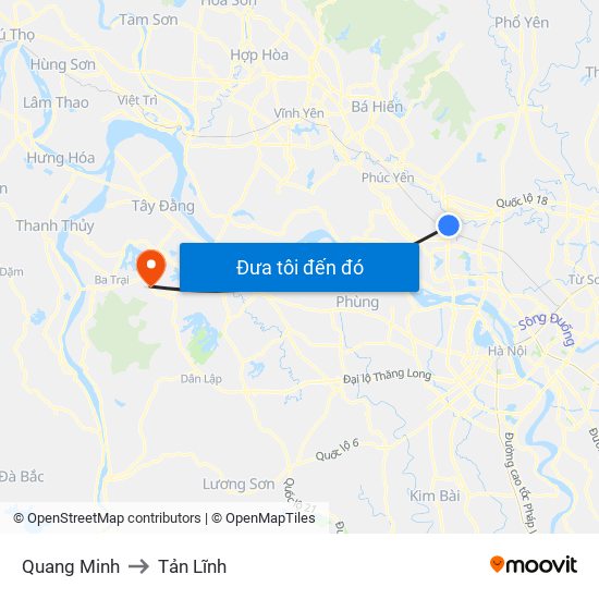 Quang Minh to Tản Lĩnh map