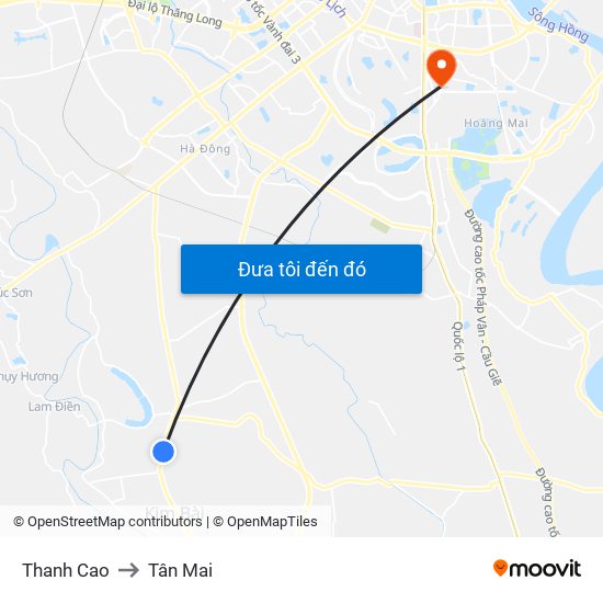 Thanh Cao to Tân Mai map