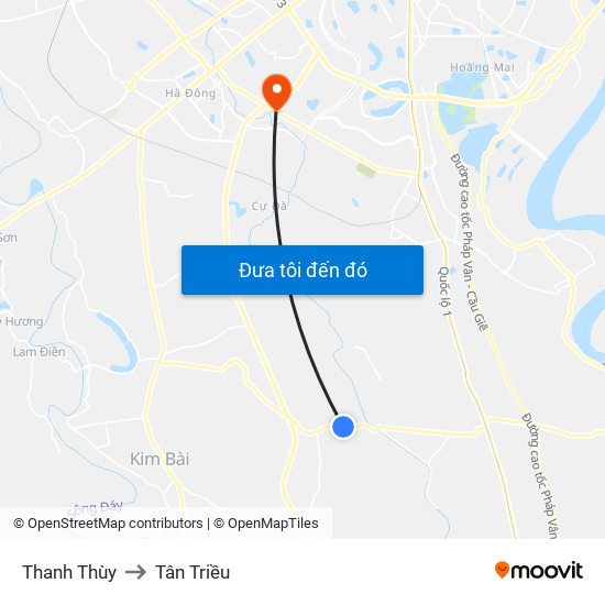 Thanh Thùy to Tân Triều map