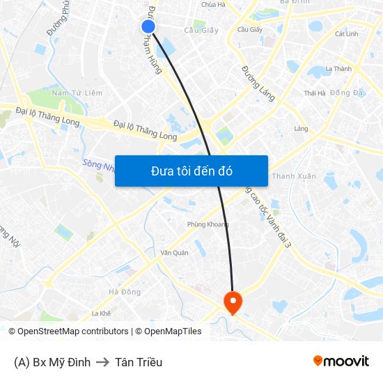 (A) Bx Mỹ Đình to Tân Triều map