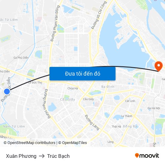 Xuân Phương to Trúc Bạch map