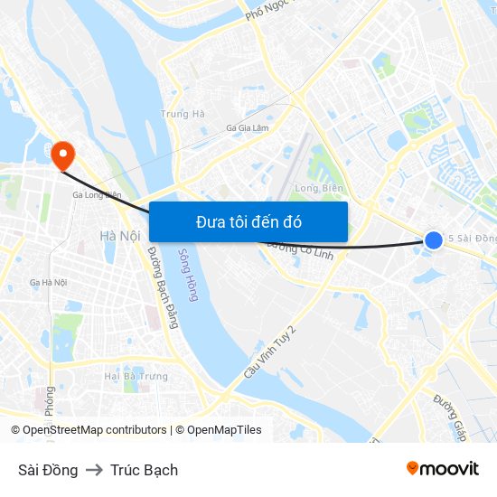 Sài Đồng to Trúc Bạch map