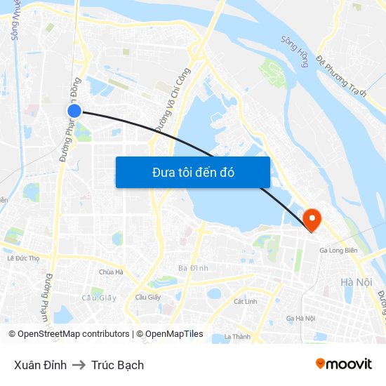 Xuân Đỉnh to Trúc Bạch map