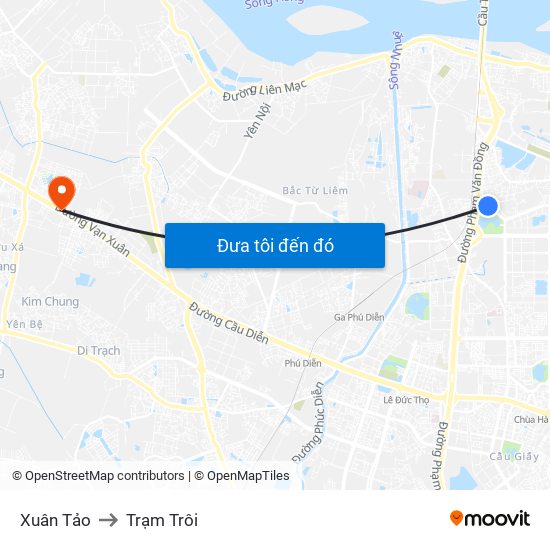 Xuân Tảo to Trạm Trôi map