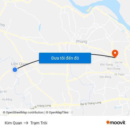 Kim Quan to Trạm Trôi map