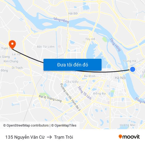 135 Nguyễn Văn Cừ to Trạm Trôi map