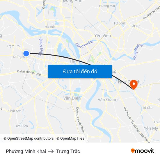 Phường Minh Khai to Trưng Trắc map