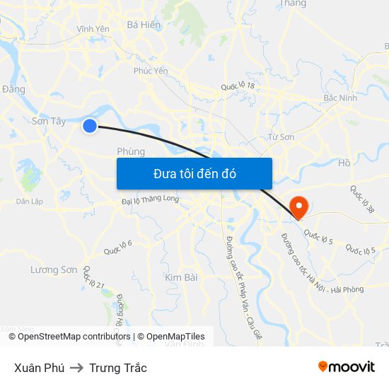 Xuân Phú to Trưng Trắc map