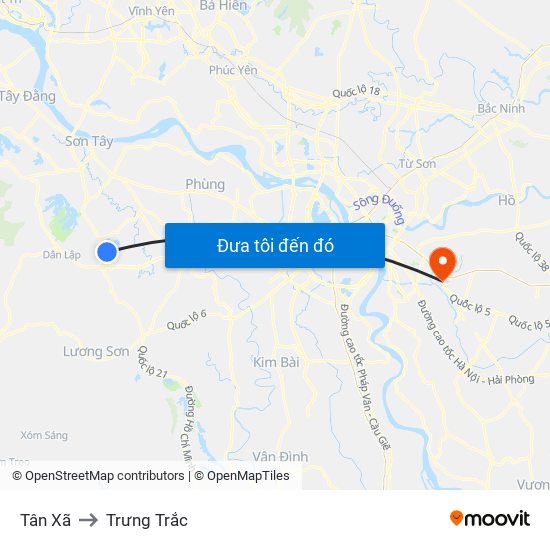 Tân Xã to Trưng Trắc map