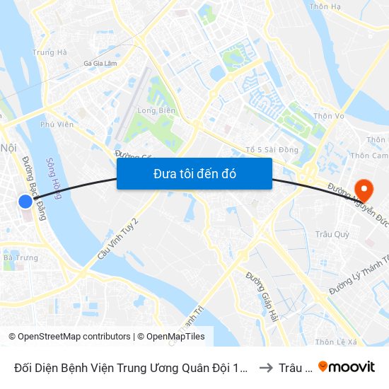 Đối Diện Bệnh Viện Trung Ương Quân Đội 108 - Trần Hưng Đạo to Trâu Quỳ map