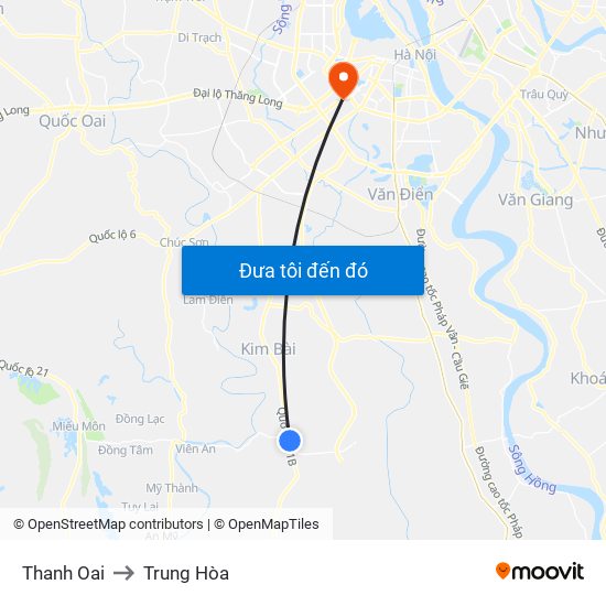 Thanh Oai to Trung Hòa map