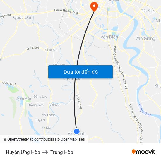 Huyện Ứng Hòa to Trung Hòa map