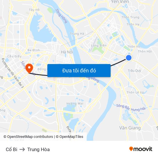 Cổ Bi to Trung Hòa map